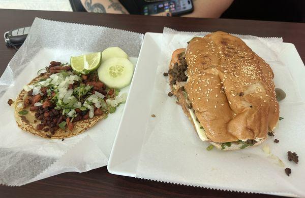 Al pastor taco on a homemade tortilla and the best torta I've had.