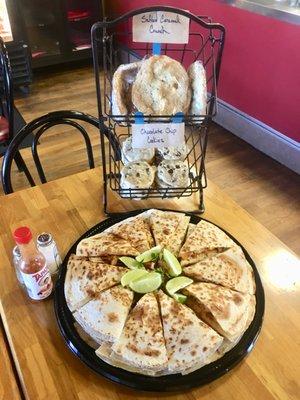 We had a chicken quesadilla platter going out this morning and added a shot of our new salted caramel crunch cookie while we were at it.