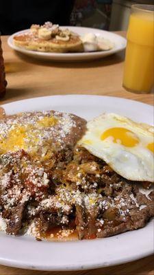 Carne asada breakfast and banana pecan pancakes