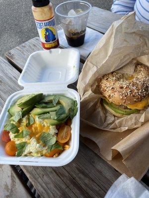 Steamed eggs with cheese, veggies and avocado and an everything bagel with sausage, egg, cheese and avocado. All of it was so good!