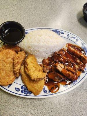 Teriyaki Chicken and tempura lunch special.