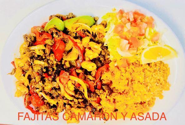 Fajitas de camarón y asada