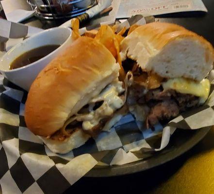 Prime rib dip, aus just and housemade potato chips $12.50