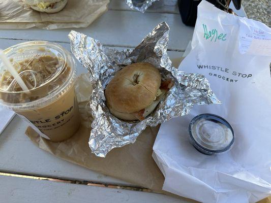 Build your own bagel w bacon, egg, and white cheddar. Garlic aioli on the side.