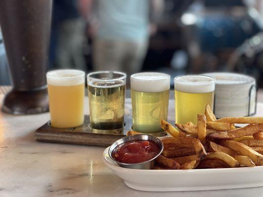 Beer flight and hand-cut fries