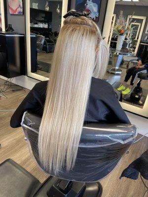 Hair following color, highlights, and extensions