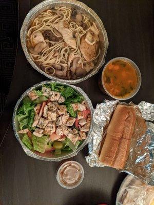 Total= $32. Chicken Marsala, $16. Grilled Chicken Salad $10. Minestrone, $6. Complementary roll.