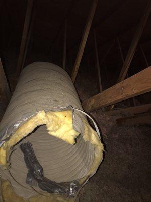 Duct inspection find. 16" round connected to main supply blowing into attic. We inspect duct work on our $100 Preventative Maintenance!