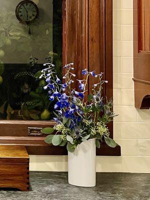 Burst of beautiful royal blue with eucalyptus leaves for the Victorian kitchen.