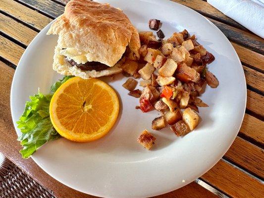 Apple Valley Cafe homemade fluffy biscuit with sausage and diced breakfast potatoes