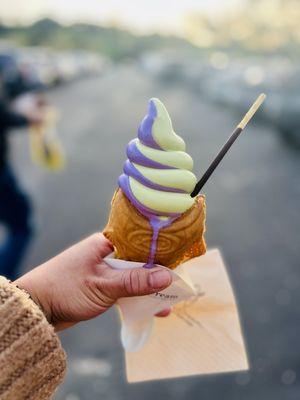 Ube/Matcha soft serve with red bean taiyaki.