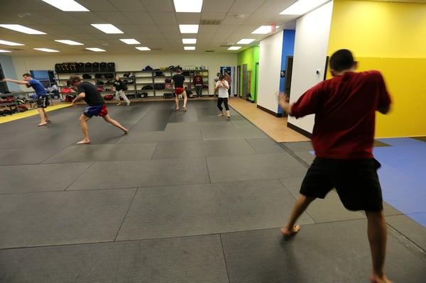 Room B, where level 2 and up classes take place (and Muay Thai intro classes)