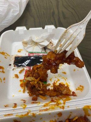 Orange chicken so hard a fork can't even pentrate it and other pieces was legit sand inside because it was so overcooked