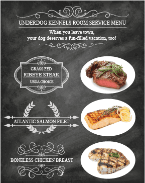 Delicious Room Service Menu features grilled Steak, Salmon and Chicken - YUM!