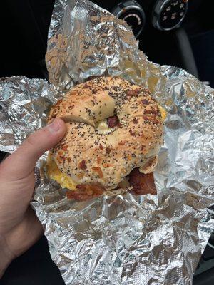 bacon egg and cheese on an everything bagel