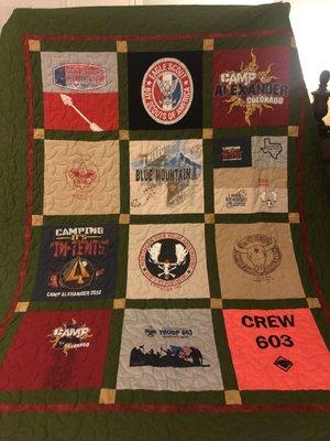 My son's Boy Scout quilt made from his summer camp shirts