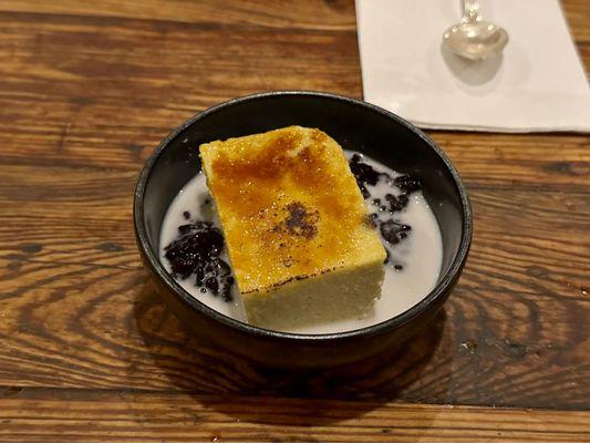 Coconut custard crème brûlée over sticky black rice