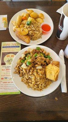 Top plate: sweet and sour pork lunch special. Bottom plate: Black pepper chicken lunch special.