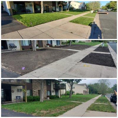 Start to finish yard restoration.  Removal of existing grass.  Hauled in premium top soil. Install irrigation system and sod.