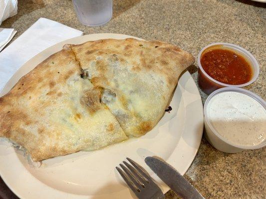 Sausage roll with spicy sausage, add ricotta, meat sauce, side of ranch