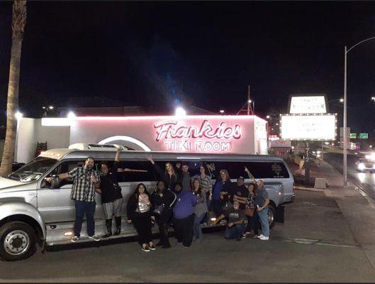 What an amazing fun group at the Frankie's Tiki Room in our Mega stretched F-650! Thank you for choosing Luxury Limousine!