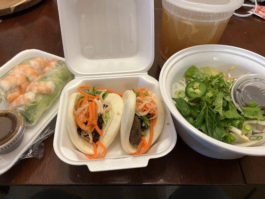 Shrimp fresh roll, pork bao, and chicken pho to-go