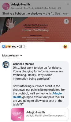 Screenshot of event where Adagio is exploiting trauma of sex trafficking survivors and me asking if survivors can have a seat at the table.