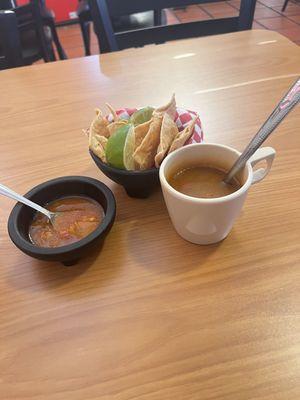 Complimentary Seafood Soup, chips and Salsa