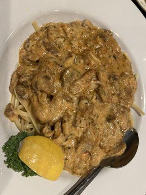 Fettuccine Alfredo with Cajun crab and mushrooms