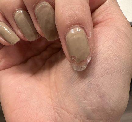 Nails were buffed unevenly, overfilled nail bed. You can see how translucent the nails are because it's so thin and ended up breaking.