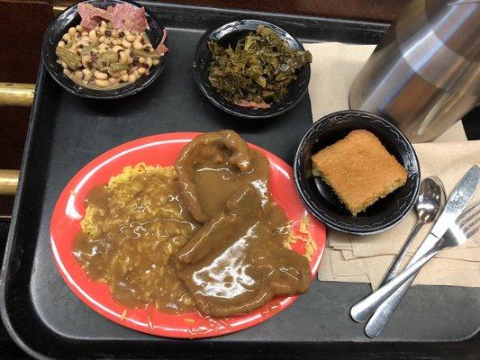 Smothered Pork Chops w/ Collard Greens, Black Eye Peas & Corn Bread :)