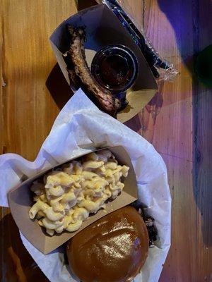 Brisket sandwich, Mac and cheese, and ribs