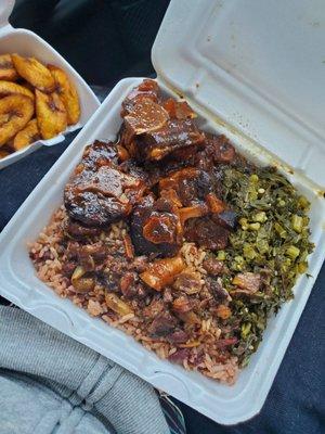 Small oxtail, greens, rice, and plantains