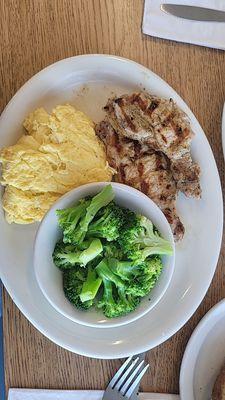 Pork chops and eggs special. I usually do no carb and he hooked me up with steamed broccoli. He's the best!