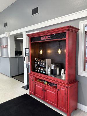 Our comfortable waiting area includes a well-stocked beverage station