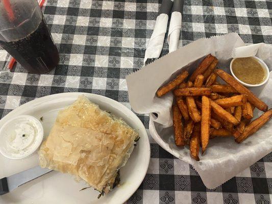 Homemade Spinach Pie and Sweet Potato Fries