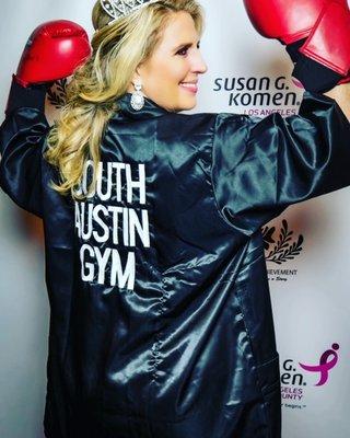 Heather Havenwood, Ms. Texas Elite 2020 - in the South Austin Gym Fighting Silk robe! Thank you for your support, Randy!