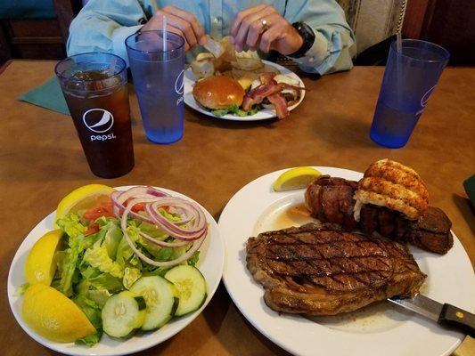 Bacon cheeseburger w/ homemade chips. Steak & Lobster. Everything perfect!