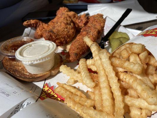 3 piece OG tenders with spicy honey dipping sauce, ketchup and ranch. All three were good. And fries.