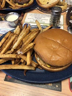 Hand cut fries and old fashioned burger with grilled onions