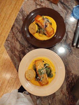 Salmon with sweet potato puree and roasted brussel sprouts