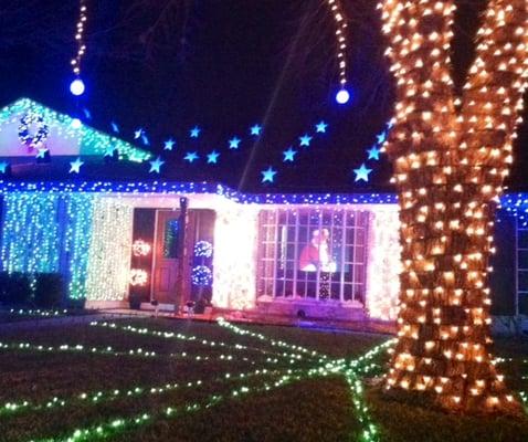 This house had a big screen set up at the window that showed Santa packing his bag full of presents.