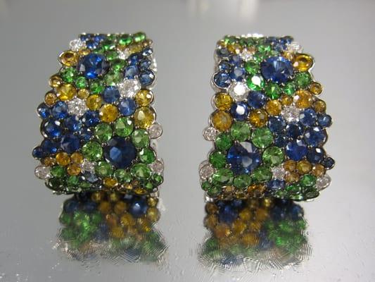 Diamonds, Tsavorites, Blue & Yellow Sapphires set in 18K WG Earclips