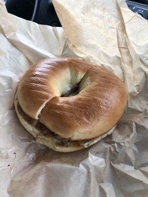 Sausage egg and cheese on a bagel