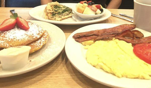 Pumpkin pancakes, eggs, bacon, Quiche