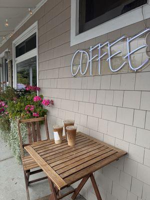 Outdoor seating with iced coffee