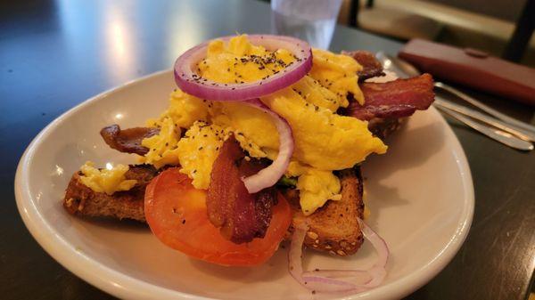 Avocado toast and bacon.