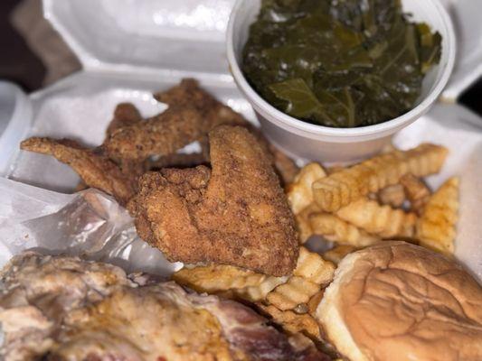 6 Pieces Pork Rib Dinner: French fries / collard greens