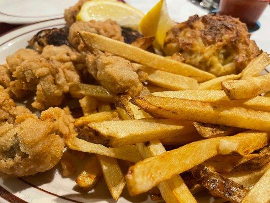 Crab cake, fried oysters and Cajun blackened rockfish Special