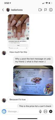 After posting the review she texts another picture asking about the price and we just kindly ask what it means since she has never been in.